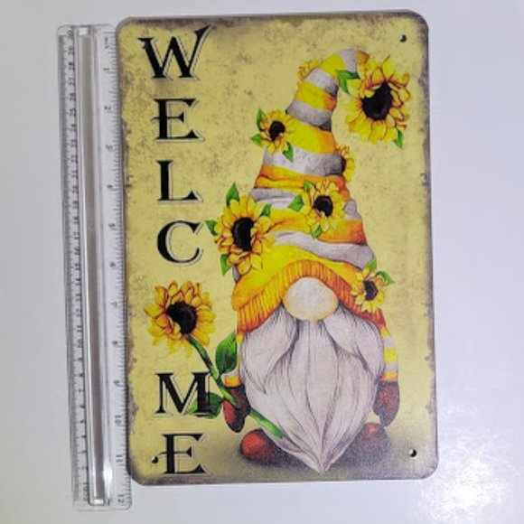 TIN WELCOME SIGN WITH GNOME, SUNFLOWERS & BUTTERFLIES 7.5" X 11.5" - Picture 2 of 4
